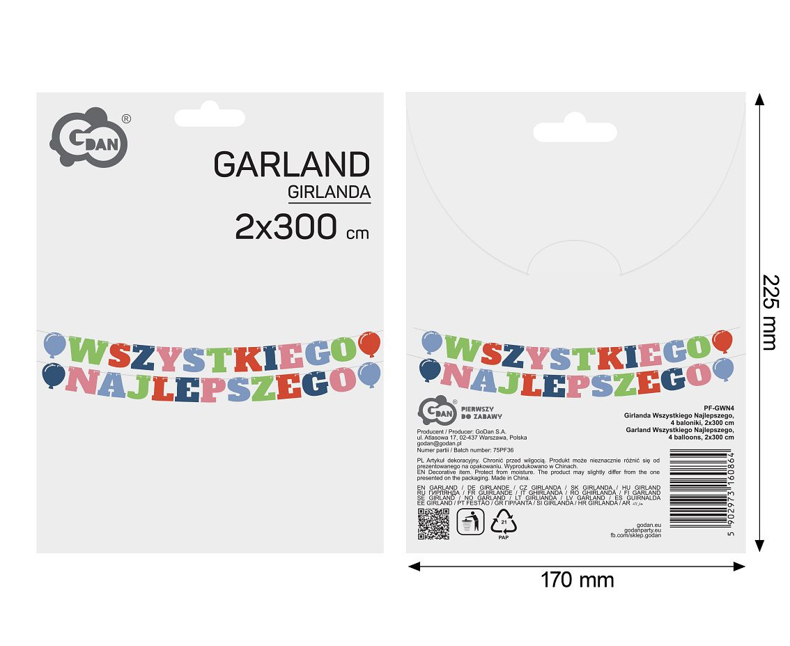 Garland  "Happy Bithday", 4 balloons, 2x300 cm